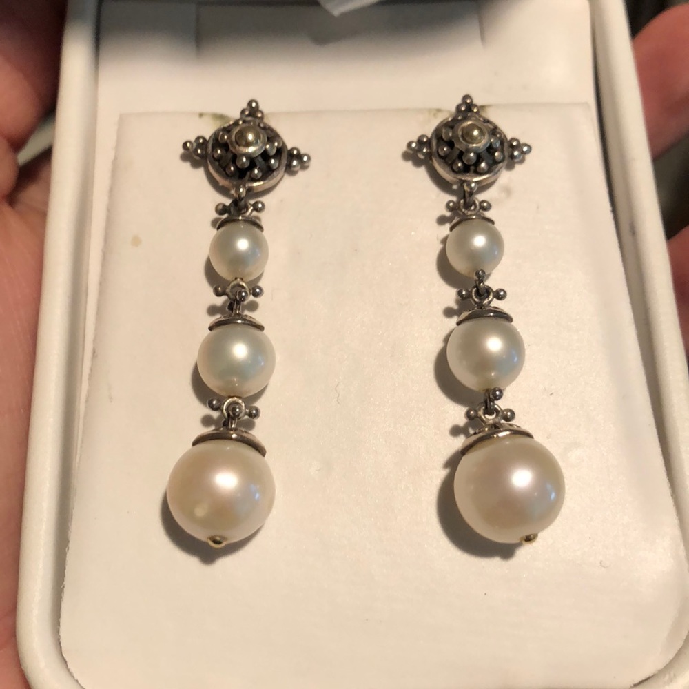 Pearl, 18k gold and silver hanging earrings
